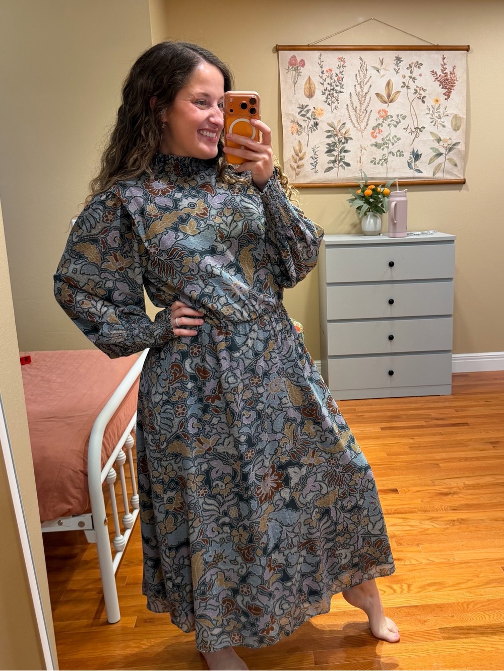 Ann Taylor Floral Smocked-Neck Maxi Dress in Blue and Tan Medium Fall